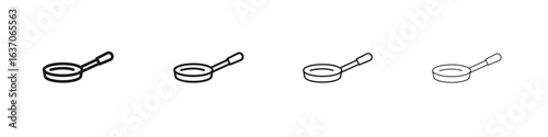 Frying pan icons big set. Simple black stroke line versions collection