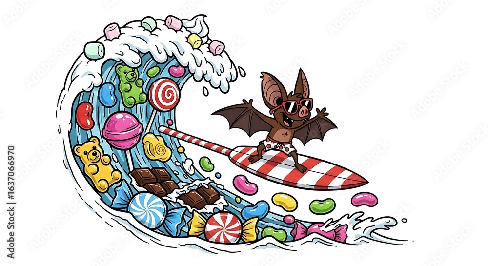 Fototapeta premium A cartoon bat surfing on a candy cane surfboard in a wave of candy and marshmallows illustration