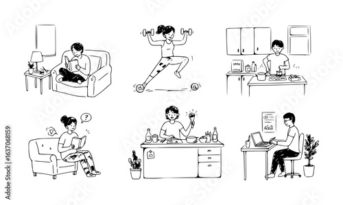 Hand-drawn illustrations depicting various daily activities at home, including reading, exercising, cooking, working remotely, and creative meal preparation.