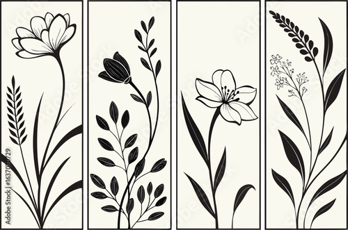 Minimalist black and white botanical line art panels