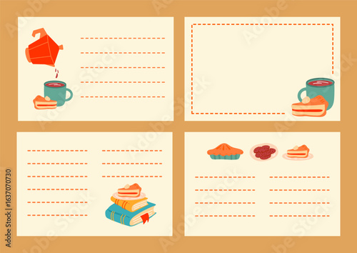 Flat vector set of four autumn-themed recipe and note cards with coffee cups, pies, cookies, and books. Perfect for seasonal stationery, printable planners, and kitchen recipe collections.