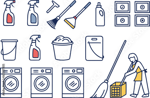 Collection of household cleaning tools and appliances
