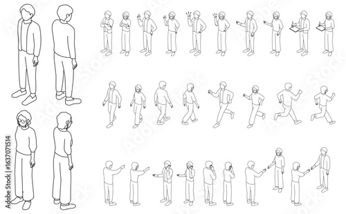 アイソメトリック人物イラスト:オフィスカジュアルアウトライン(モノクロ)