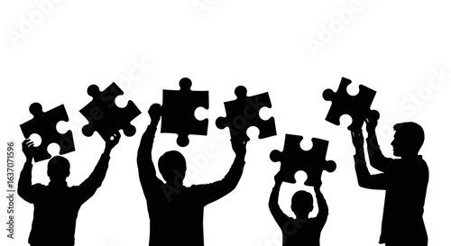 Silhouettes of People Holding Large Black Jigsaw Puzzle Pieces