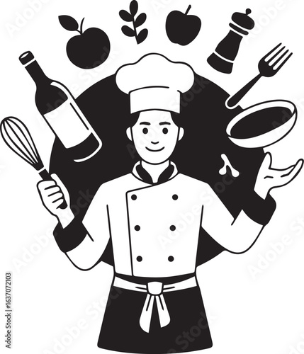 flat color vector design of smiling chef holding juice surrounded by cooking utensils apples herbs pepper bowl and ingredients
