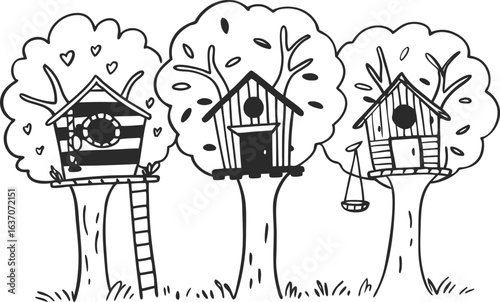Whimsical treehouses with ladders and a bucket