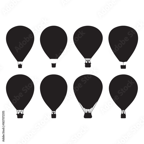 vector silhouette icons of hot air balloons with unique baskets and rope structures for festival and travel designs