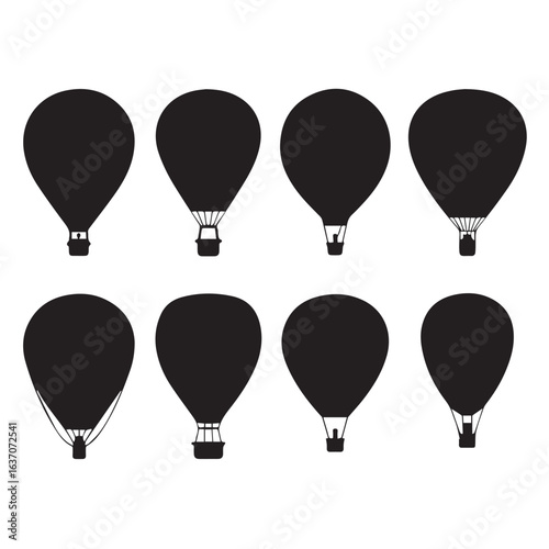 minimal black hot air balloon silhouettes set featuring different basket and rope designs for creative projects