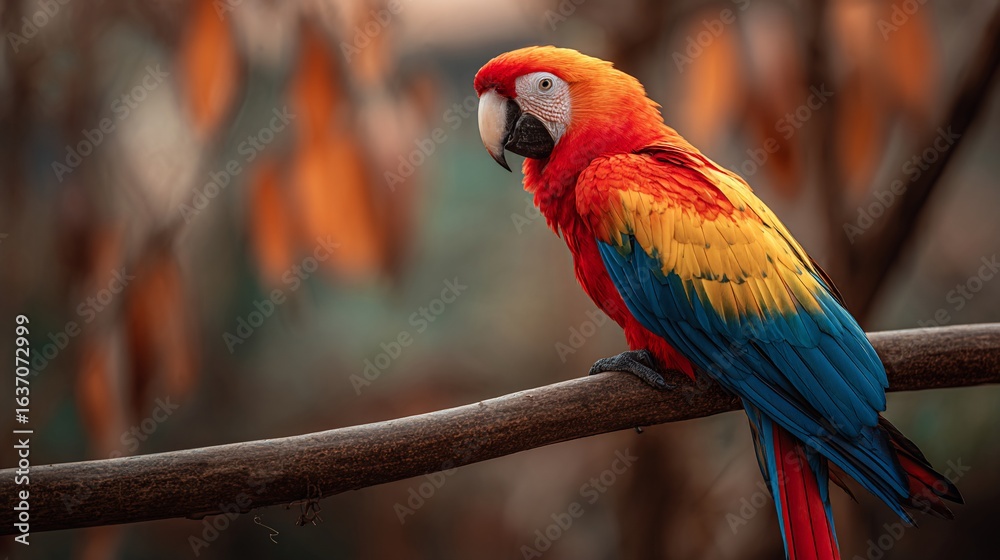 Obraz premium Vivid parrot perches on branch against blurred autumn foliage