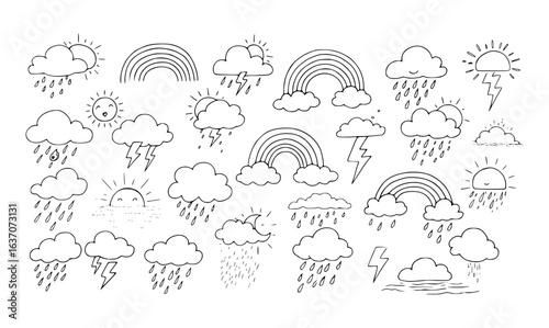 Hand-drawn weather doodle set: cute suns, clouds, rain, rainbows, lightning, and moon symbols in a whimsical black and white illustration.