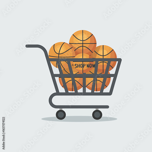 Shopping Cart Full of Basketballs Ready for Purchase Online Sports Equipment Retail Concept Design Illustration for Basketball Season