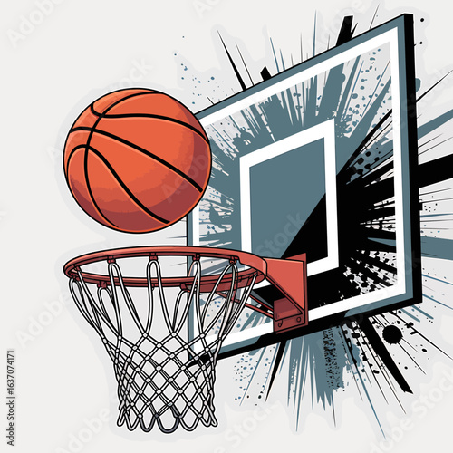 Basketball flying towards the hoop with a stylized backboard creating a dynamic and energetic sports themed illustration ideal for graphic design and promotional material