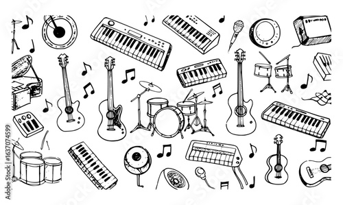 Hand-drawn musical instruments doodle pattern: guitars, keyboards, drums, microphones, and notes in black and white sketch art style, ideal for music lovers.