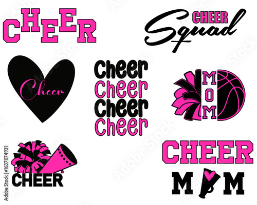  Pink and black Cheerleader illustration, pink and black pom-poms and bow with Cheer Word. Vector cheerleading illustration.Cheer Mom.Cheer Team