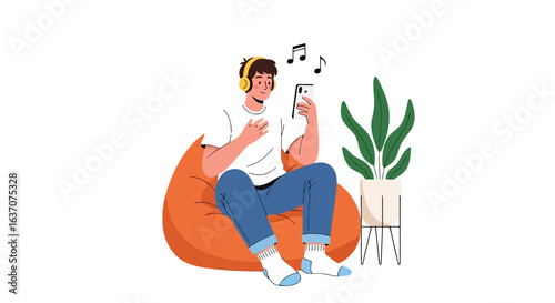 Vector art of young man sitting on a beanbag chair wearing headphones and listening to music on his phone, isolated on white background