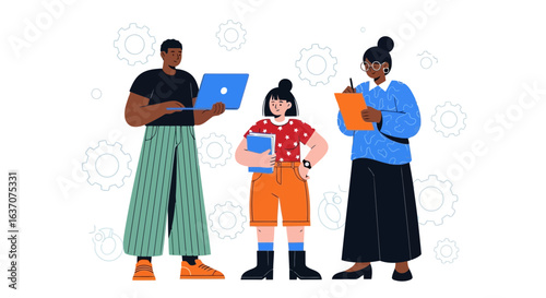 Vector art of diverse team collaborating on a project with technology and innovative solutions in a supportive environment vector