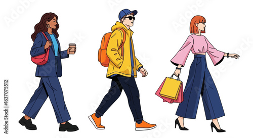 Vector art of diverse group of three stylish young adults walking together, isolated on white background, representing urban lifestyle and fashion