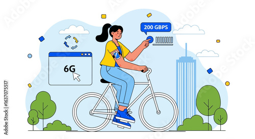 Vector art of woman riding bicycle with 6g network technology and 200 gbps speed indicator, symbolizing future wireless communication and highspeed data transmission