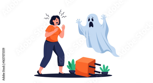 Vector art of a woman is terrified as a ghost appears, with a fallen object and plants, isolated on white background