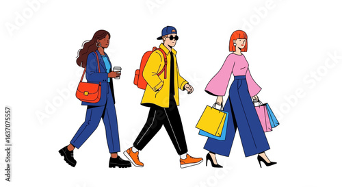 Vector art of diverse group of stylish young adults walking together, isolated on white background, carrying shopping bags and coffee