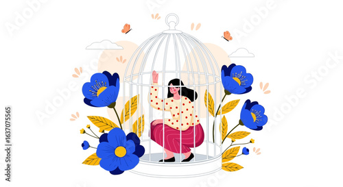 Vector art of woman trapped inside a birdcage surrounded by flowers and butterflies, symbolizing struggle for freedom and hope for escape, isolated on white background