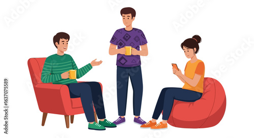 Vector art of three young adults are relaxing together in a modern living room having a conversation and using a mobile phone