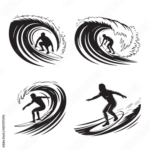 surfers riding inside waves black and white vector illustration set barrel tube crouch stance balance ocean sports water