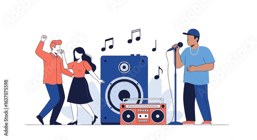 Vector art of people enjoying music at a party with a singer, speaker, and boombox, isolated on white background