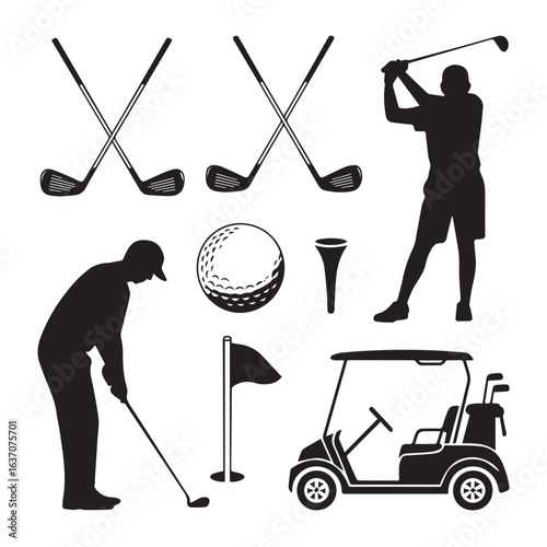 golf silhouette bundle with crossed clubs golfer swing and putting icons ball tee flagstick and golf cart clipart vector