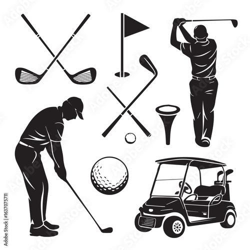 golf icon set featuring equipment and transport crossed clubs golfers silhouettes ball tee pin flag and golf cart vector
