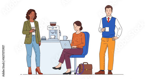 Vector art of diverse group of business people collaborating and taking a coffee break together in a modern office setting, isolated on white background