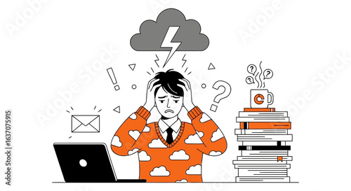 Vector art of man overwhelmed by work stress, with laptop, books, coffee, and symbols of communication and problems, isolated on white background
