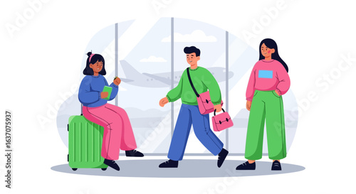 Vector art of diverse group of people with luggage at an airport terminal, waiting for departure or arrival, modern flat illustration style