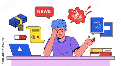 Vector art of stressed student overwhelmed by news and information overload, struggling with studies and digital media consumption
