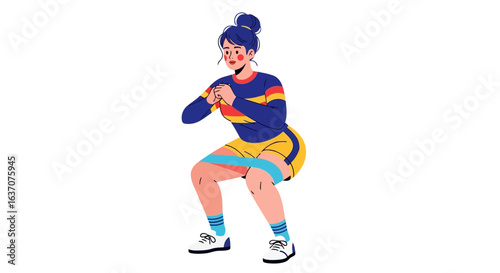 Vector art of young woman performing a squat exercise with a resistance band around her thighs, isolated on a white background, promoting a healthy lifestyle and fitness