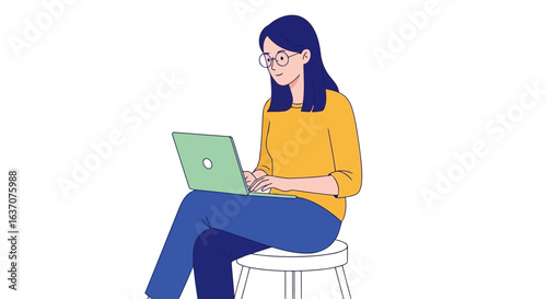 Vector art of young woman wearing glasses and a yellow sweater, sitting on a stool and working on a green laptop, isolated on white background