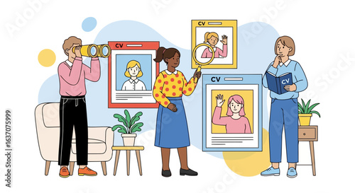 Vector art of diverse group of people reviewing candidate profiles and resumes for job opportunities, symbolizing recruitment and hiring process in a modern office setting