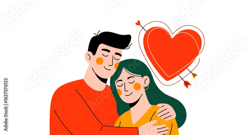 Vector art of loving couple embracing with eyes closed, a red heart with arrows piercing it behind them, isolated on white background