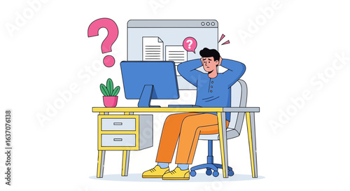 Vector art of confused man sitting at a desk with a computer, surrounded by question marks, symbolizing work problems and stress isolated on white background