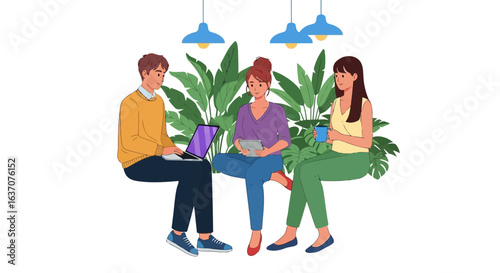 Vector art of three diverse young adults collaborating in a modern office setting with plants, laptops, and coffee, isolated on white background
