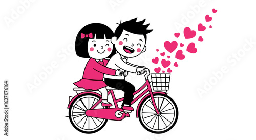 Vector art of happy couple riding a bicycle together with pink hearts floating in the air, isolated on white background