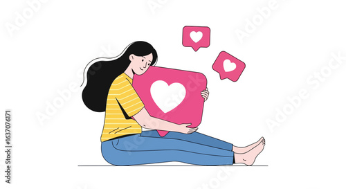 Vector art of young woman hugging a large pink heart with love icons floating around her, isolated on a white background