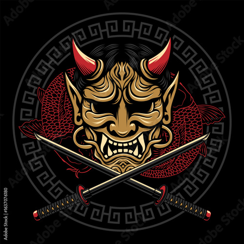 A detailed illustration of a red and gold Japanese Oni mask combined with a skull, framed by koi fish, crossed katana and a traditional geometric pattern