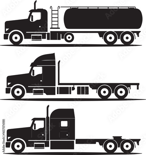 vector set of trucks side view tanker flatbed and sleeper cab long haul transport logistics illustration