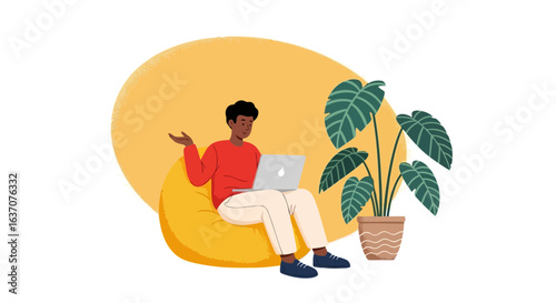 Vector art of man working on laptop sitting in a beanbag chair next to a potted plant in a modern home office