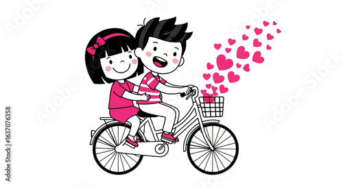 Vector art of a cute couple riding a bicycle together with hearts floating behind them in a sweet and romantic valentine illustration