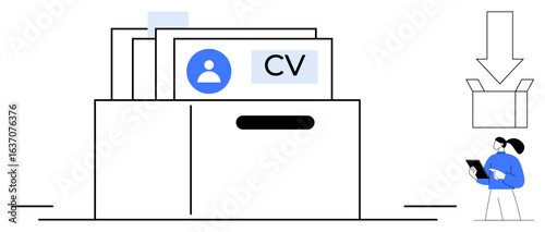 Filing cabinet storing CVs, profile image placeholders, large download arrow, individual reviewing documents. Ideal for recruitment, job applications, HR, digital storage, organization