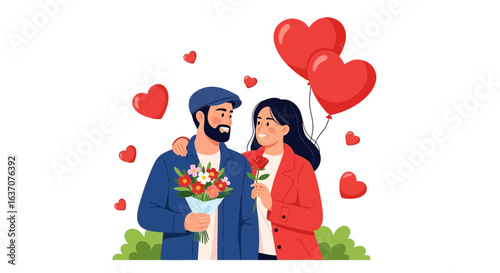 Vector art of a loving couple celebrating valentines day with heart shaped balloons and a beautiful bouquet of flowers expressing their affection