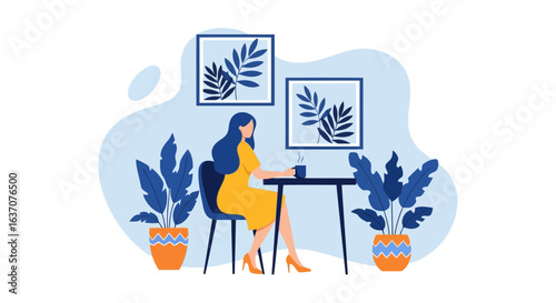 Vector art of young woman working from home in a comfortable room with plants and decorations in a modern apartment