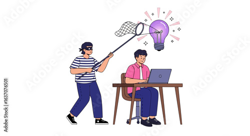 Vector art of a thief is trying to steal an idea from a person working on a computer in a concept of intellectual property